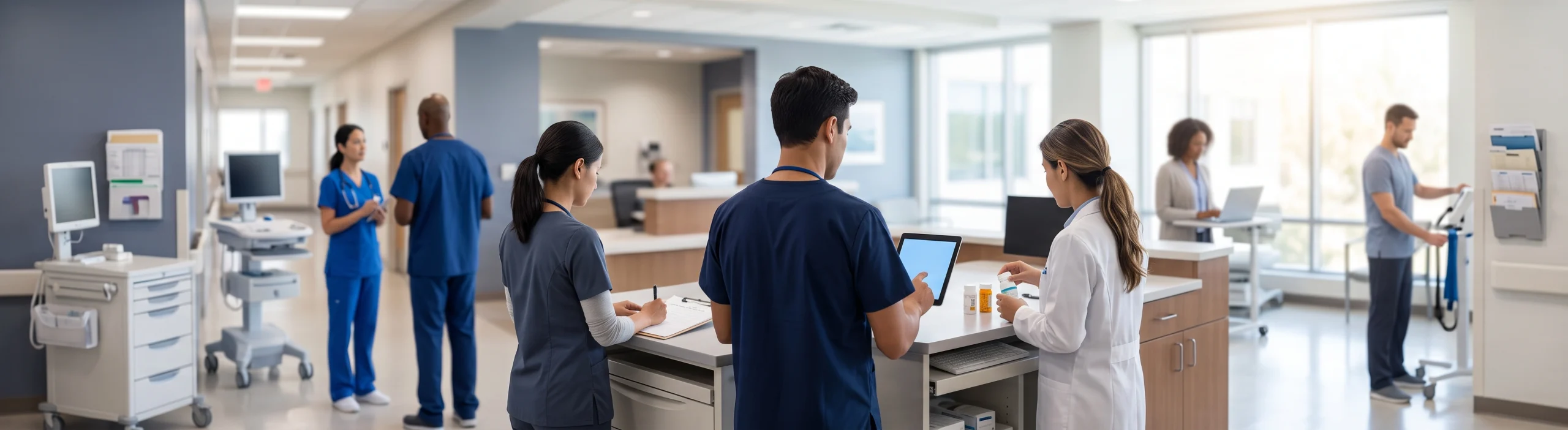 A clinic floor with several providers working side by side: staff in scrubs reviewing notes and a tablet, and a therapist walking with a patient.