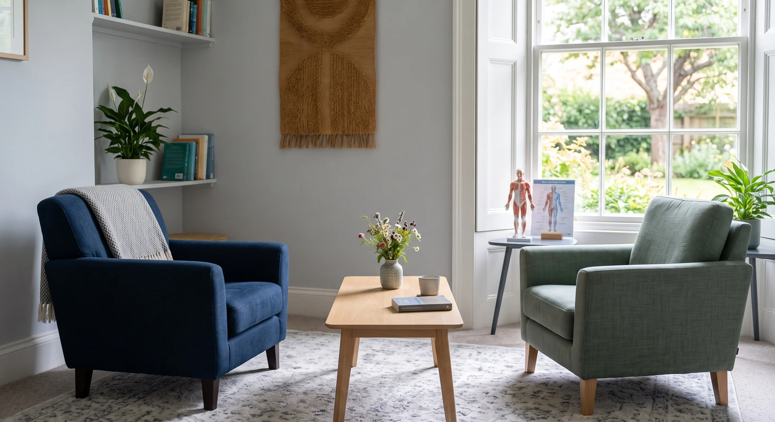A quiet consulting room with two armchairs facing each other across a low table, daylight coming through a garden window.