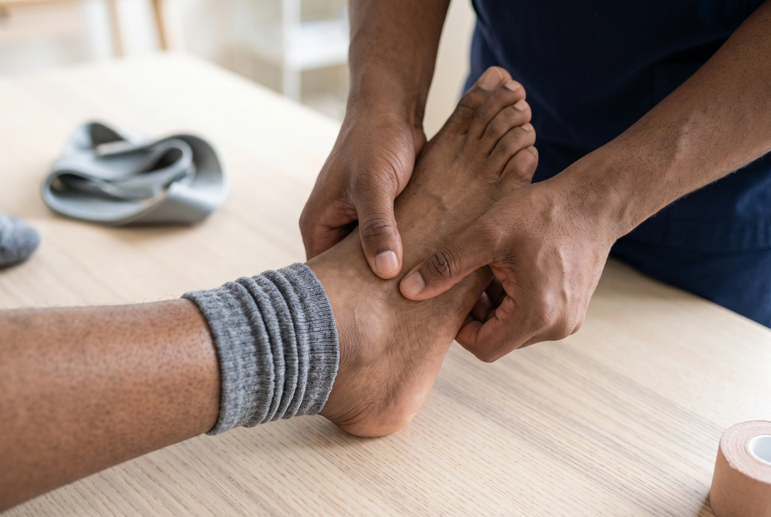 Close view of a clinician's hands examining a patient's foot and ankle, with a resistance band and tape on the table nearby.