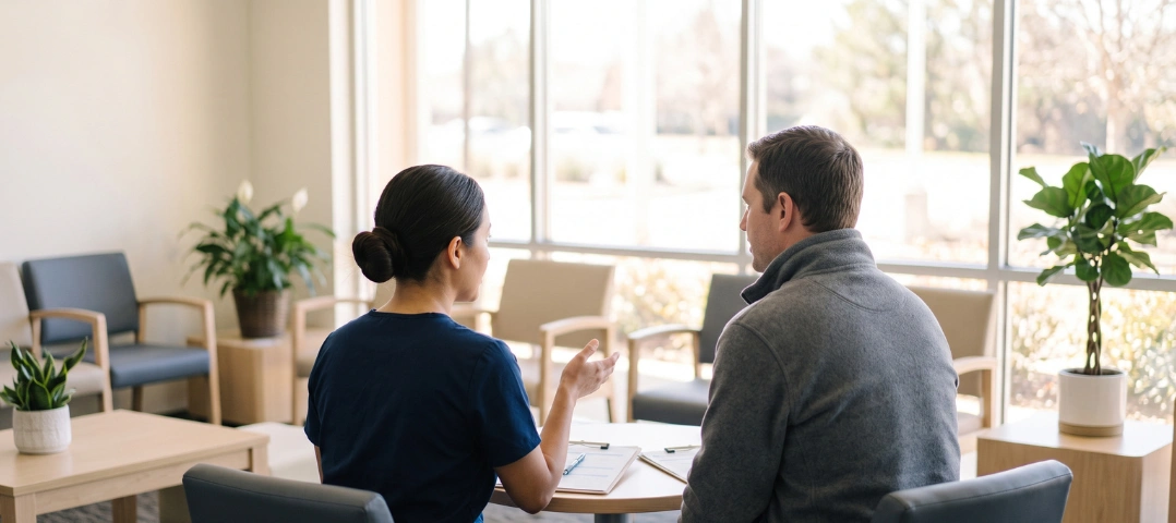 A clinician and a patient sit together at a low table in a sunlit waiting area, talking over open notes.