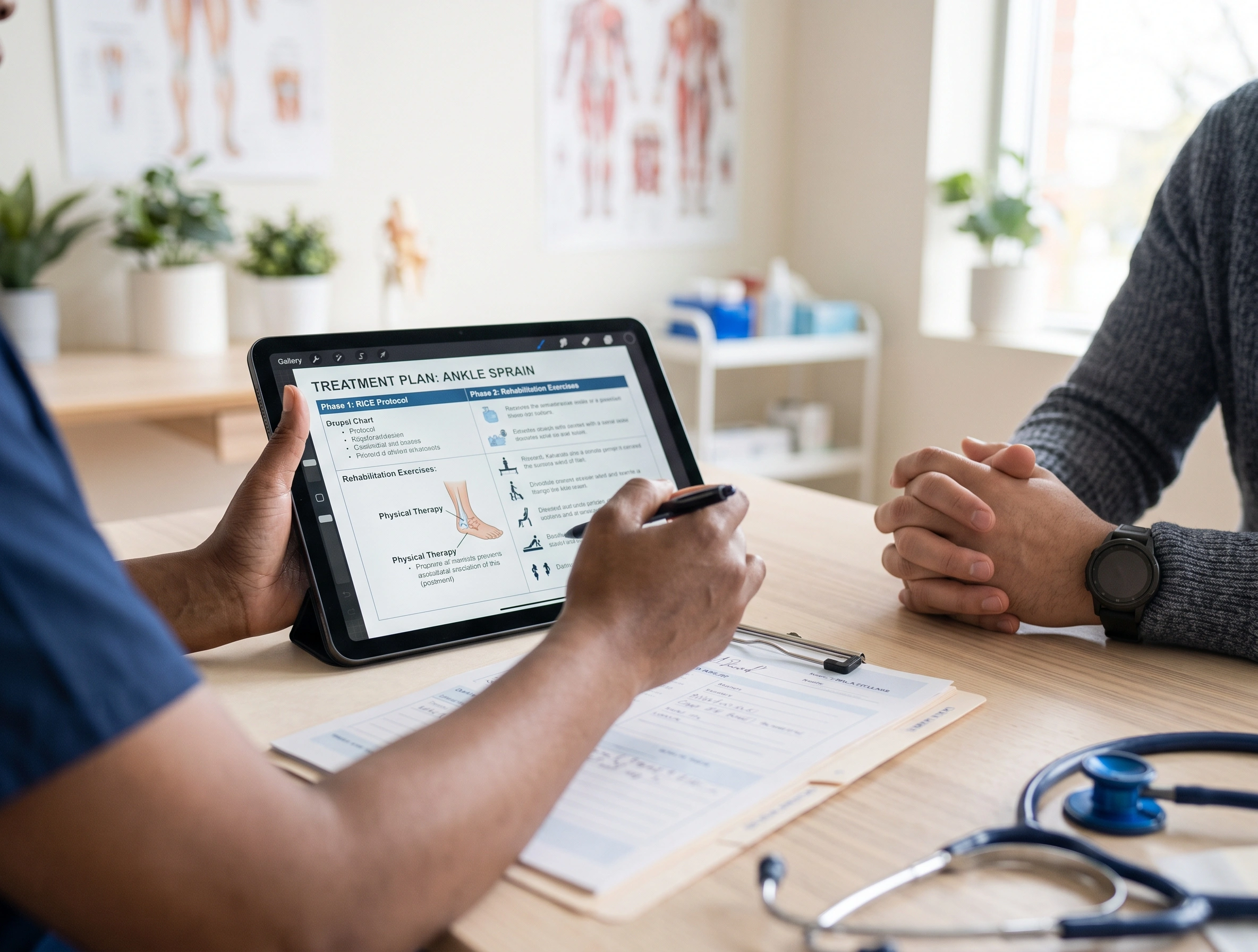 A clinician points out each phase of a treatment plan on a tablet while the patient follows along from across the desk.