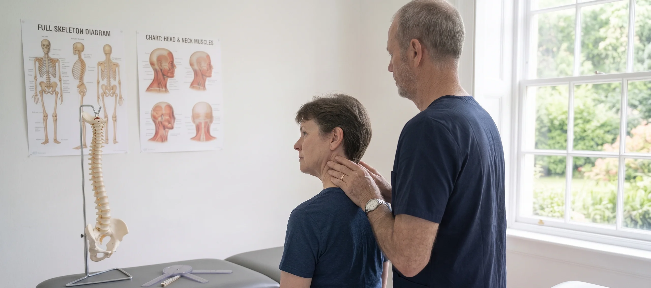 A chiropractor stands behind a seated patient with both hands assessing her neck, an anatomy chart and a spine model in the room behind them.