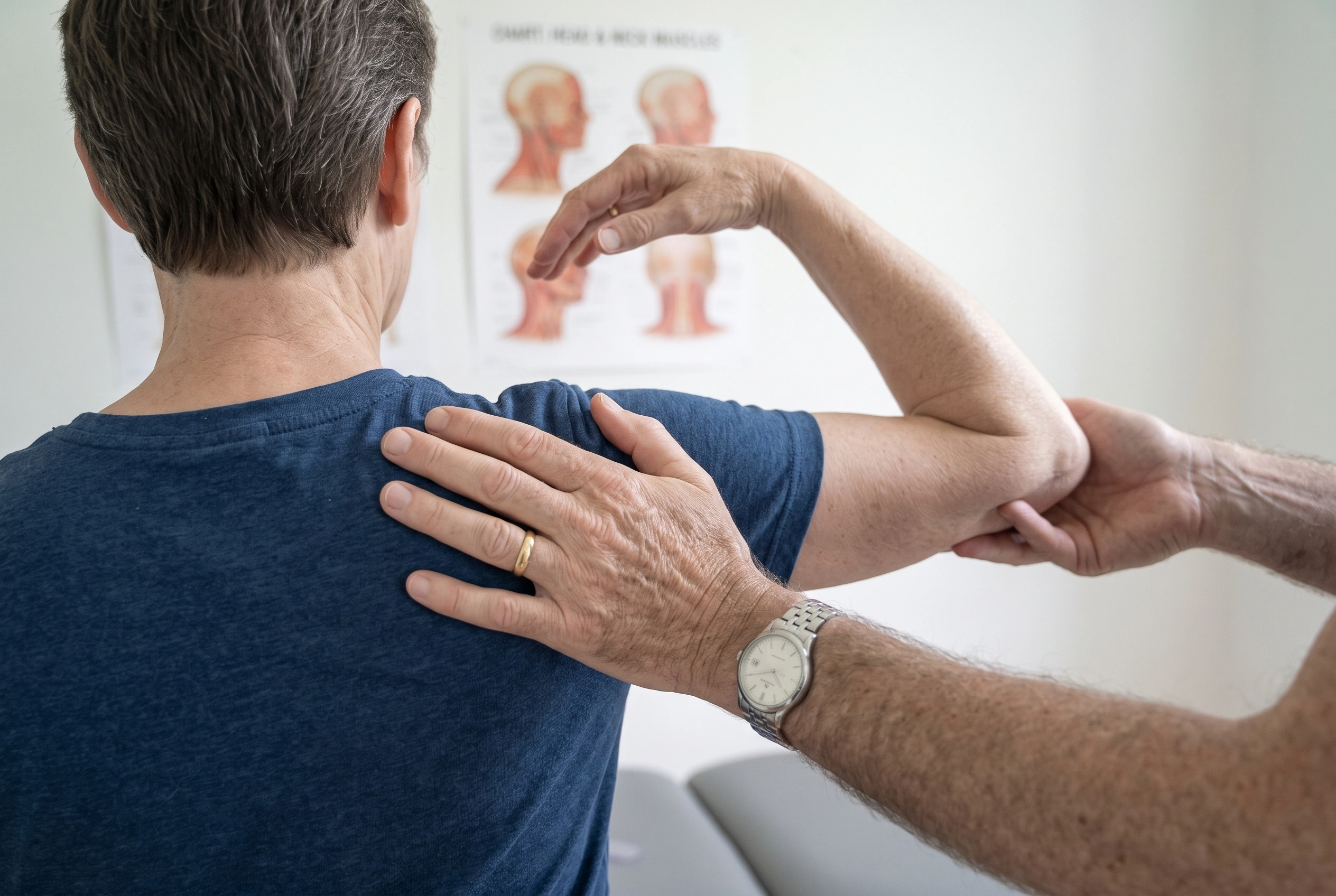 A clinician guides a patient's arm through a slow shoulder range-of-motion check, one hand steadying the shoulder blade, a head-and-neck muscle chart on the wall behind.