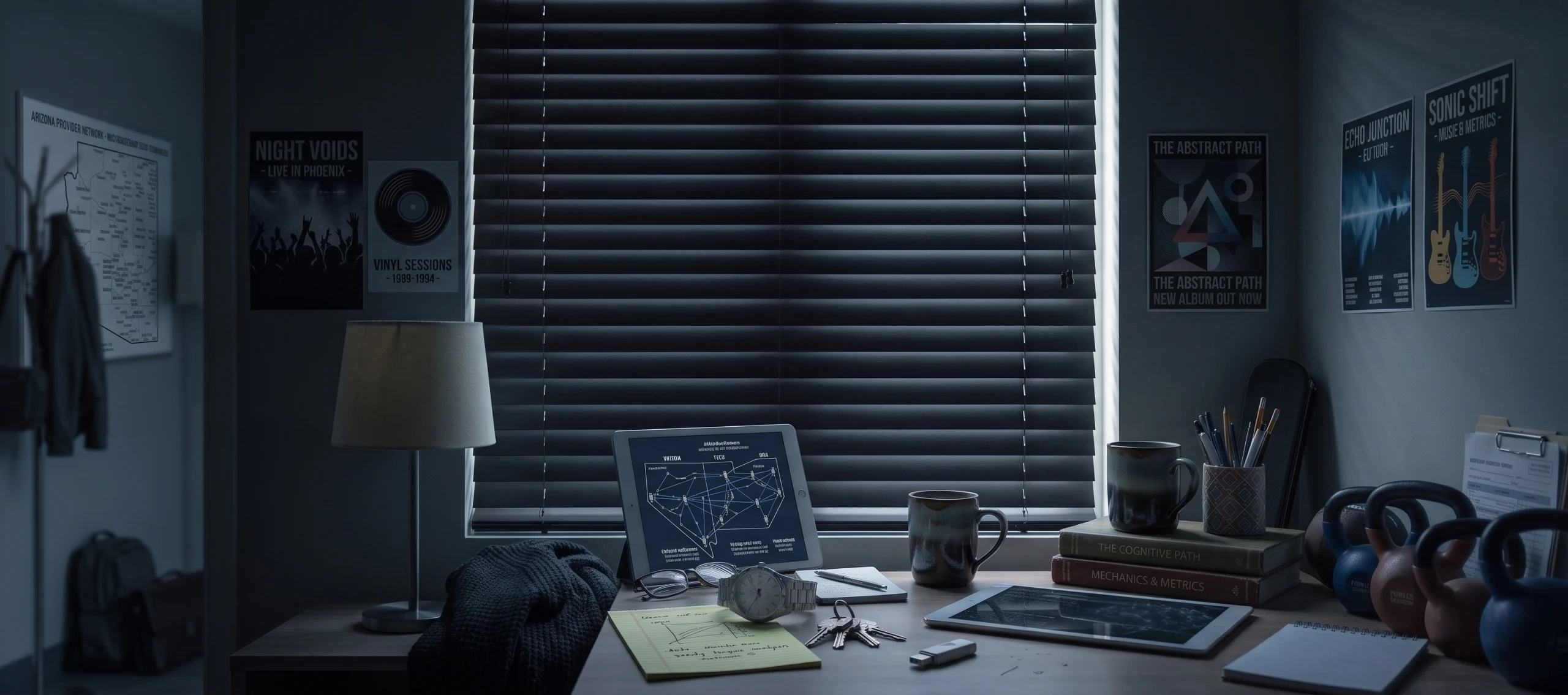 A dim room with the blind drawn and daylight edging its slats, a desk lamp switched off and nobody in the room.