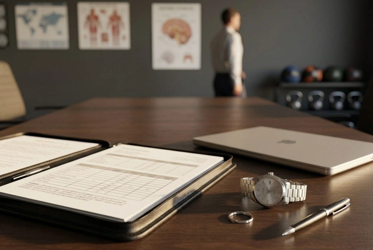 An open case file and a closed laptop on a polished conference table in late afternoon light, a watch and pen resting beside them.