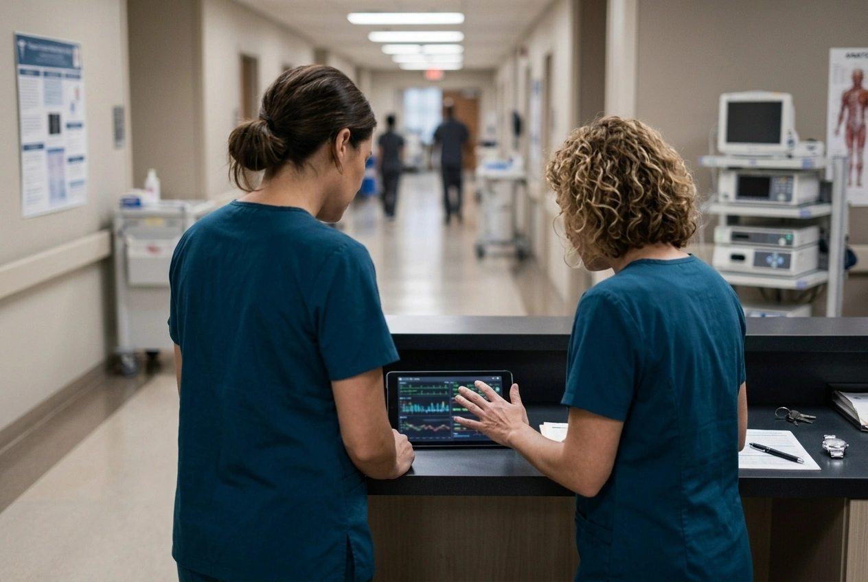 Two clinicians in scrubs stand at a corridor workstation reviewing a chart on a tablet together, both seen from behind.