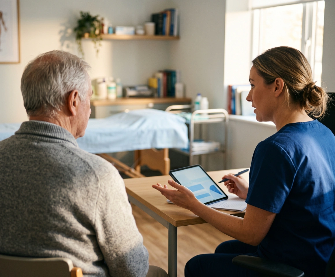 A clinician and an injured patient sit at an exam-room table reviewing a treatment plan on a tablet.