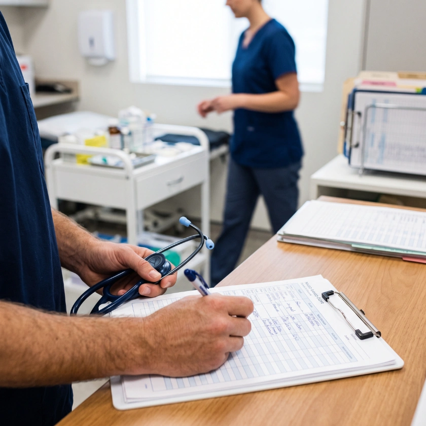 A physician holding a stethoscope writes up a patient chart on a clipboard in a treatment room.