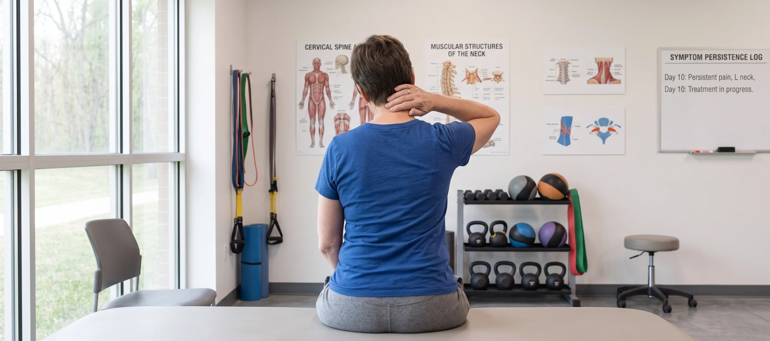 A person sits on the edge of an examination table with one hand resting on the back of their neck, seen from behind, with spine and neck anatomy charts on the wall beyond.