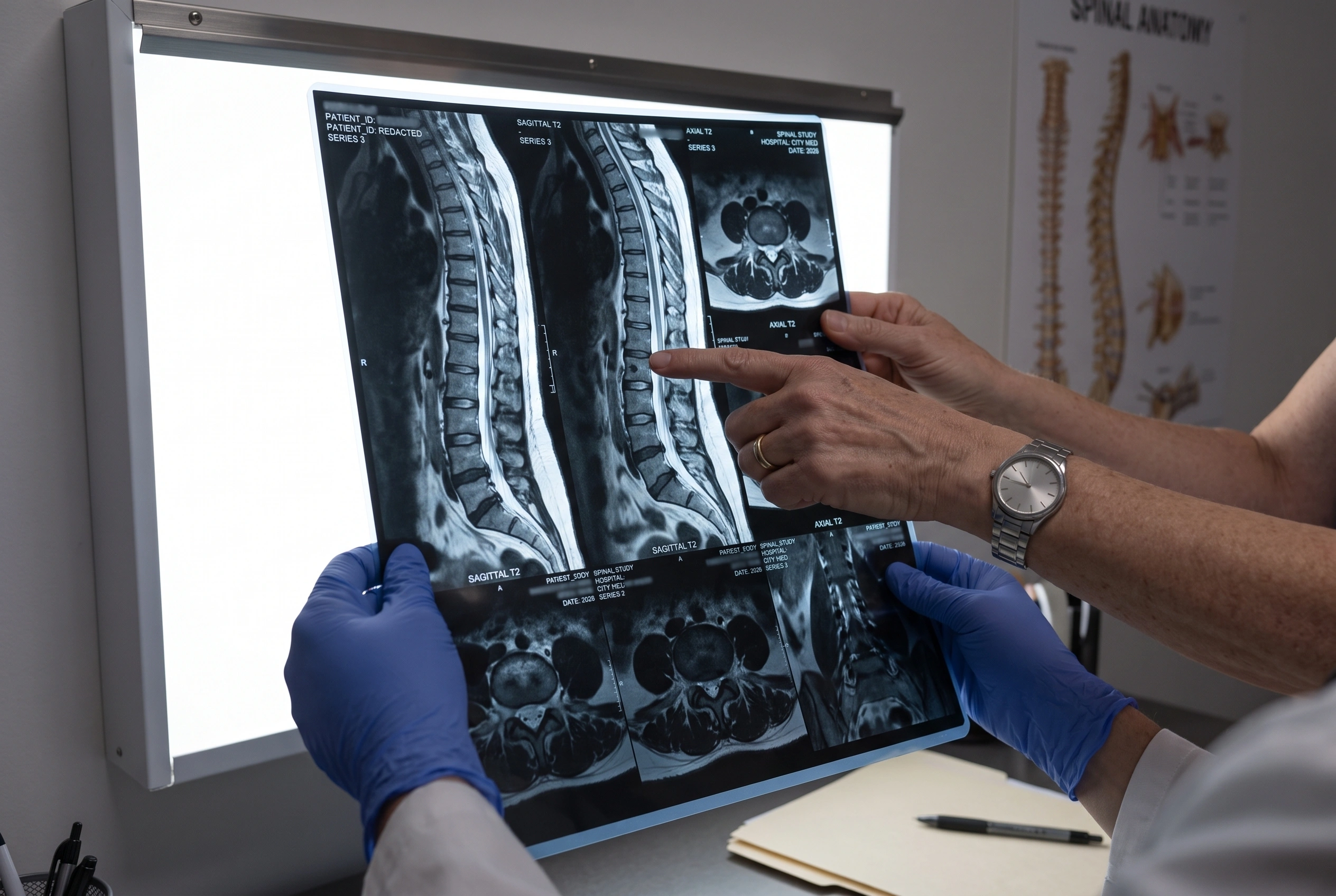 Two gloved hands hold a spinal MRI study up against a lit viewing panel, the sagittal and axial images backlit while a second pair of hands steadies the lower film.