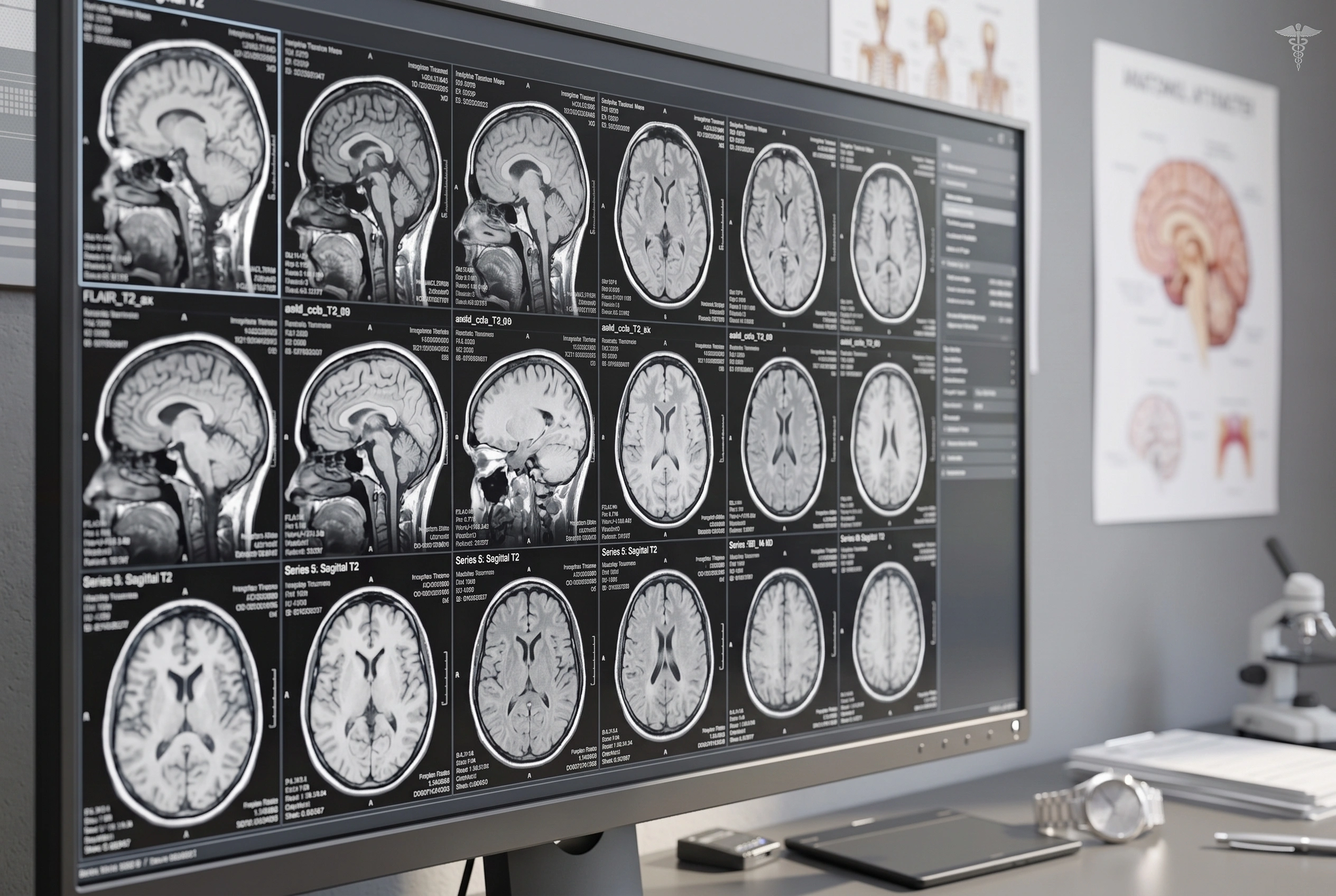 A series of brain MRI images across a radiology review monitor, showing side-on and cross-sectional views, with an anatomy poster on the wall behind.
