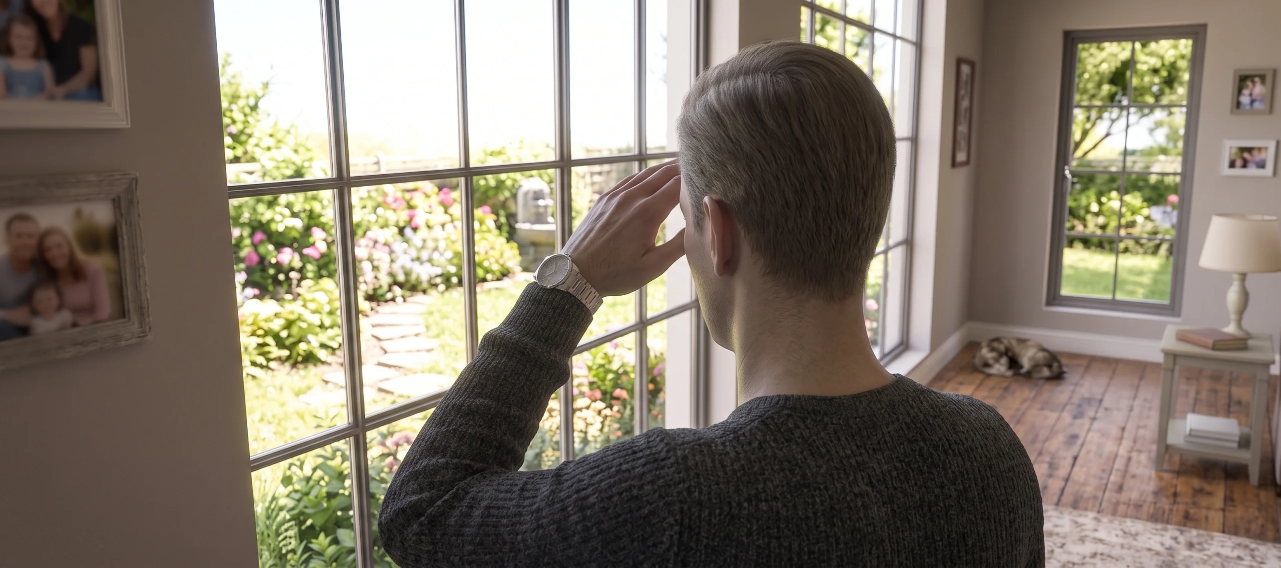 A person stands at a bright window with one hand raised to shade their eyes from the daylight.