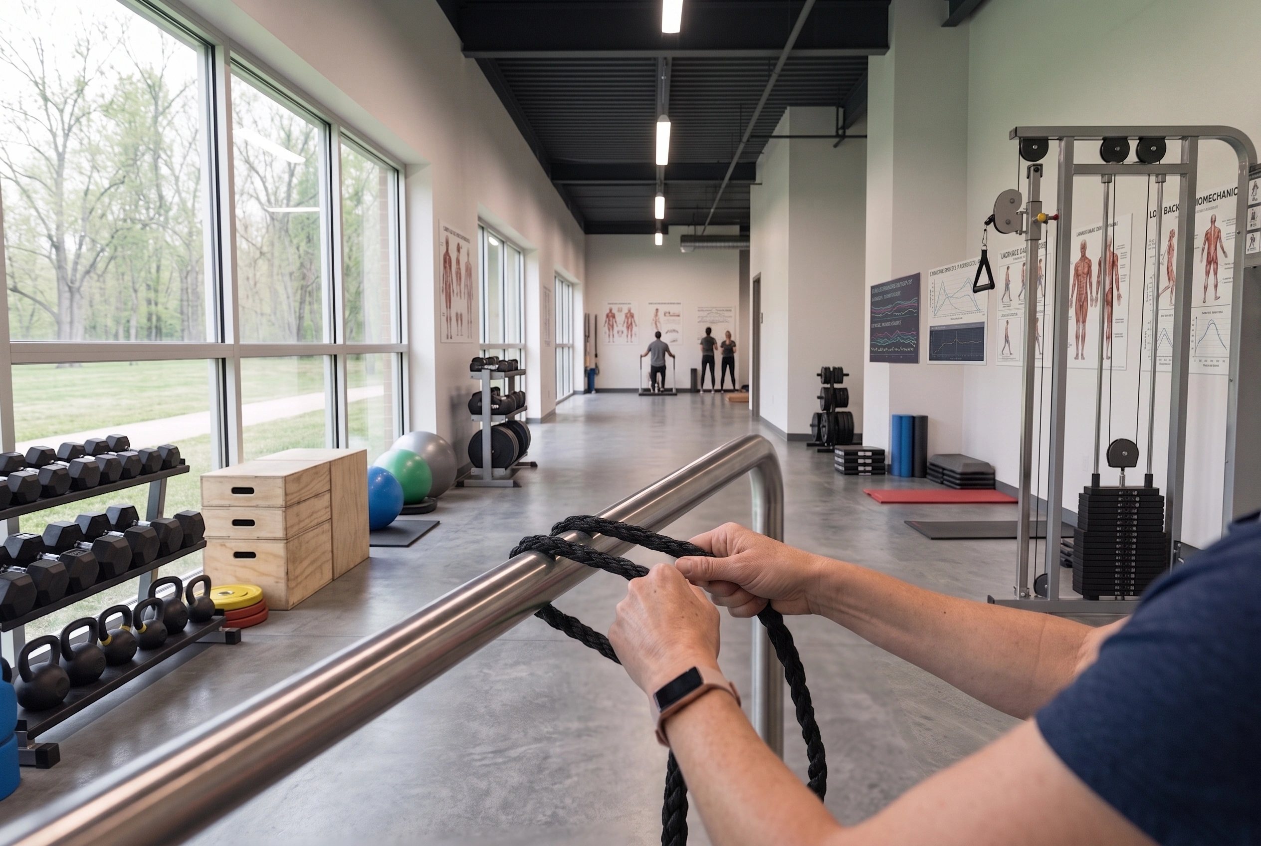 A close view of two hands gripping a rope against a steel support rail mid-exercise, with racked dumbbells, kettlebells and mobility charts in the room behind.