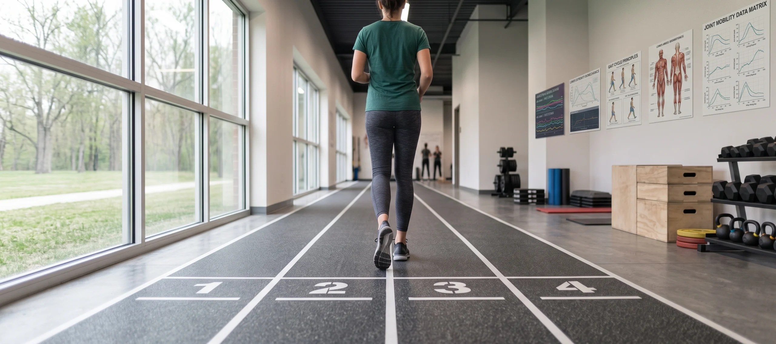A person walks away from the camera along a numbered indoor walking track, past floor-to-ceiling windows and wall-mounted mobility charts.