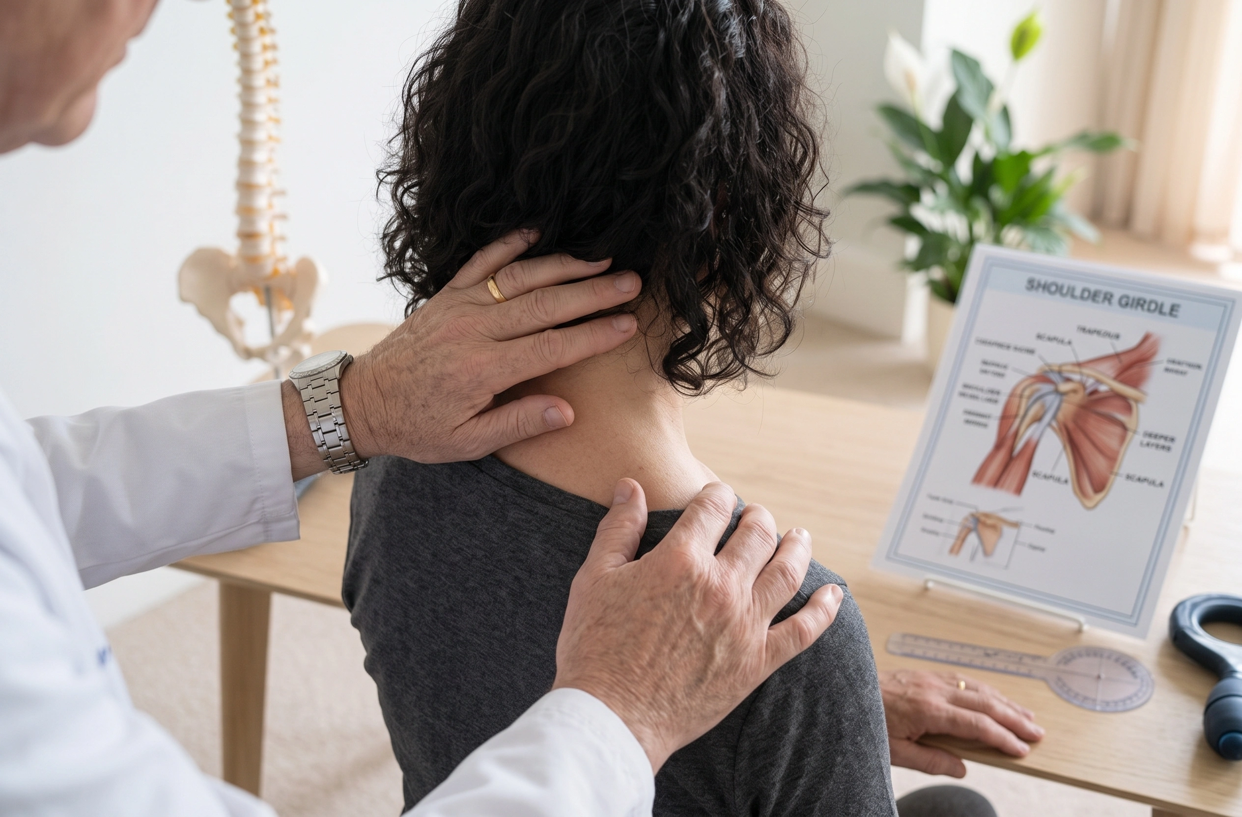 A clinician's hands examine a seated patient's neck and shoulder, with a shoulder-anatomy chart propped on the desk beside them.