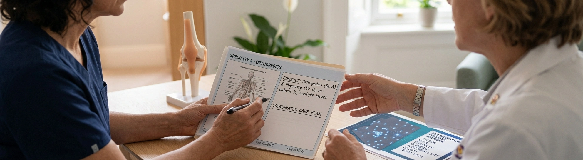 Two clinicians sit across a desk comparing notes on the same chart, working out a coordinated care plan together.