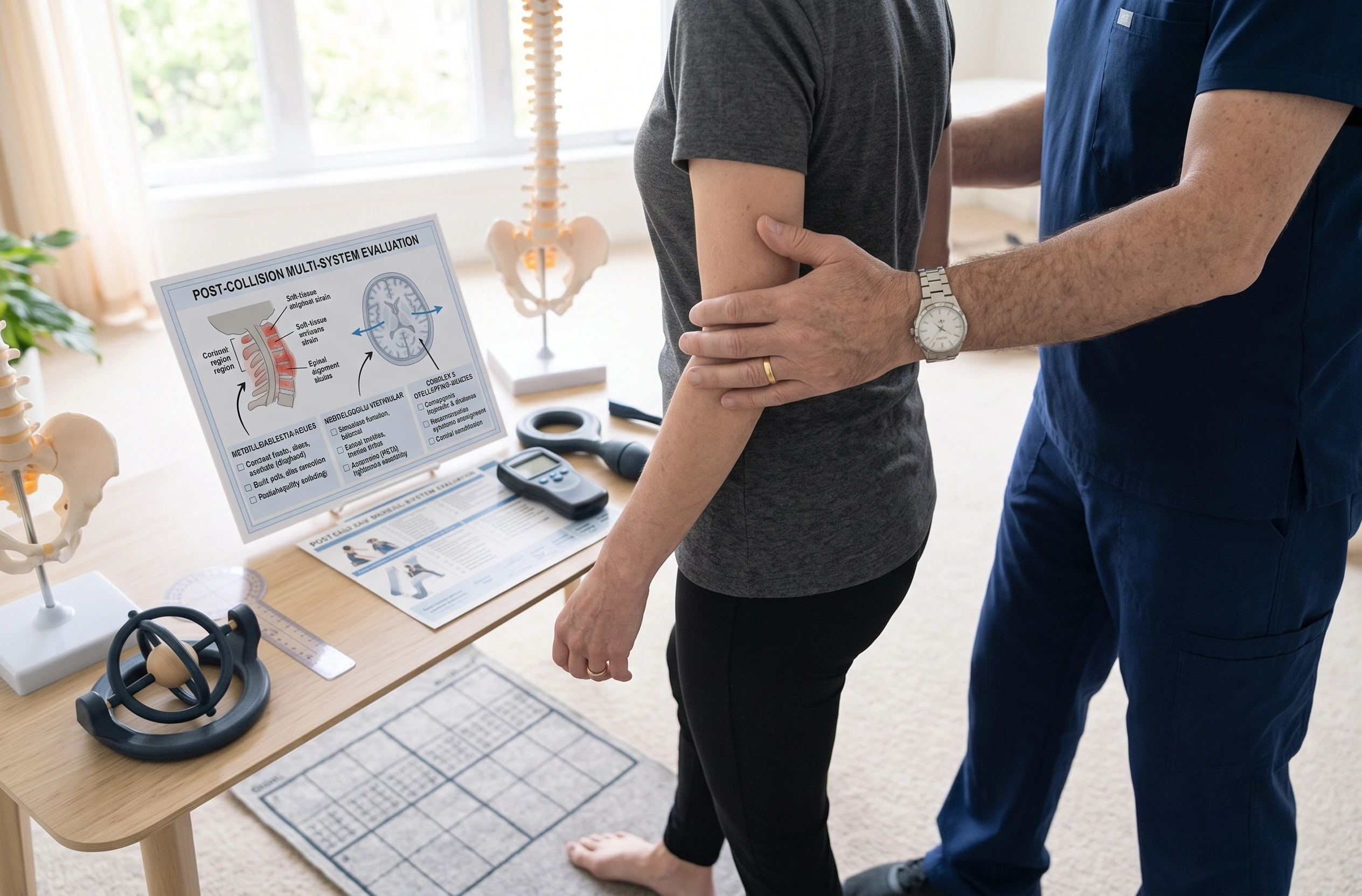 A clinician steadies a patient's arm during a standing balance and walking assessment, with a spine model and assessment charts alongside.
