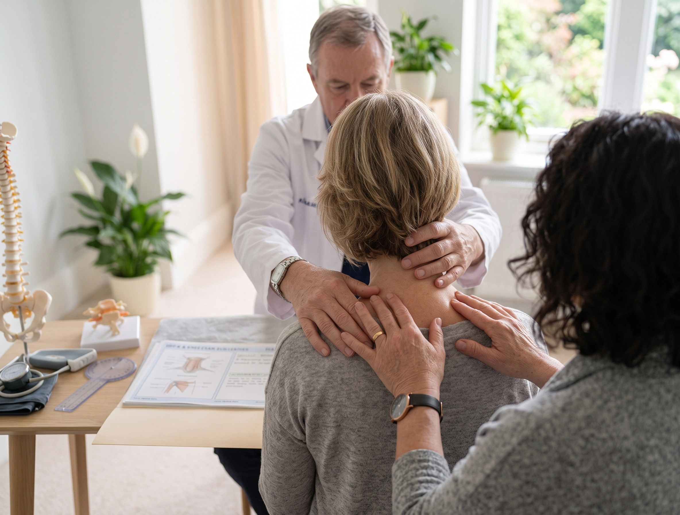A clinician examines a seated patient's neck and shoulders from behind while a second person assists, a spine model and anatomy chart on the desk nearby.