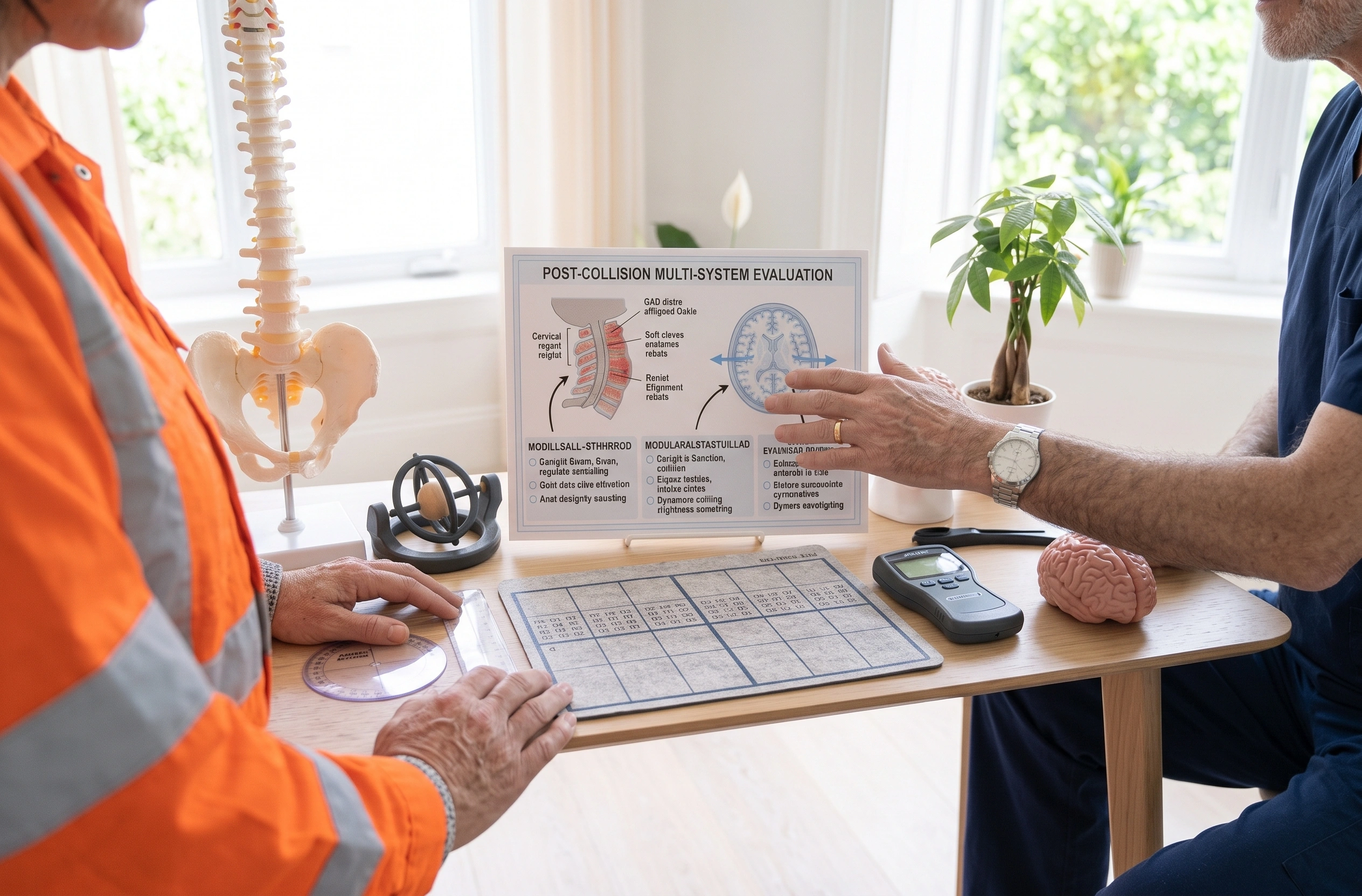 A worker in a high-visibility jacket sits with a clinician who is talking through an evaluation chart, a spine model and testing equipment on the table.
