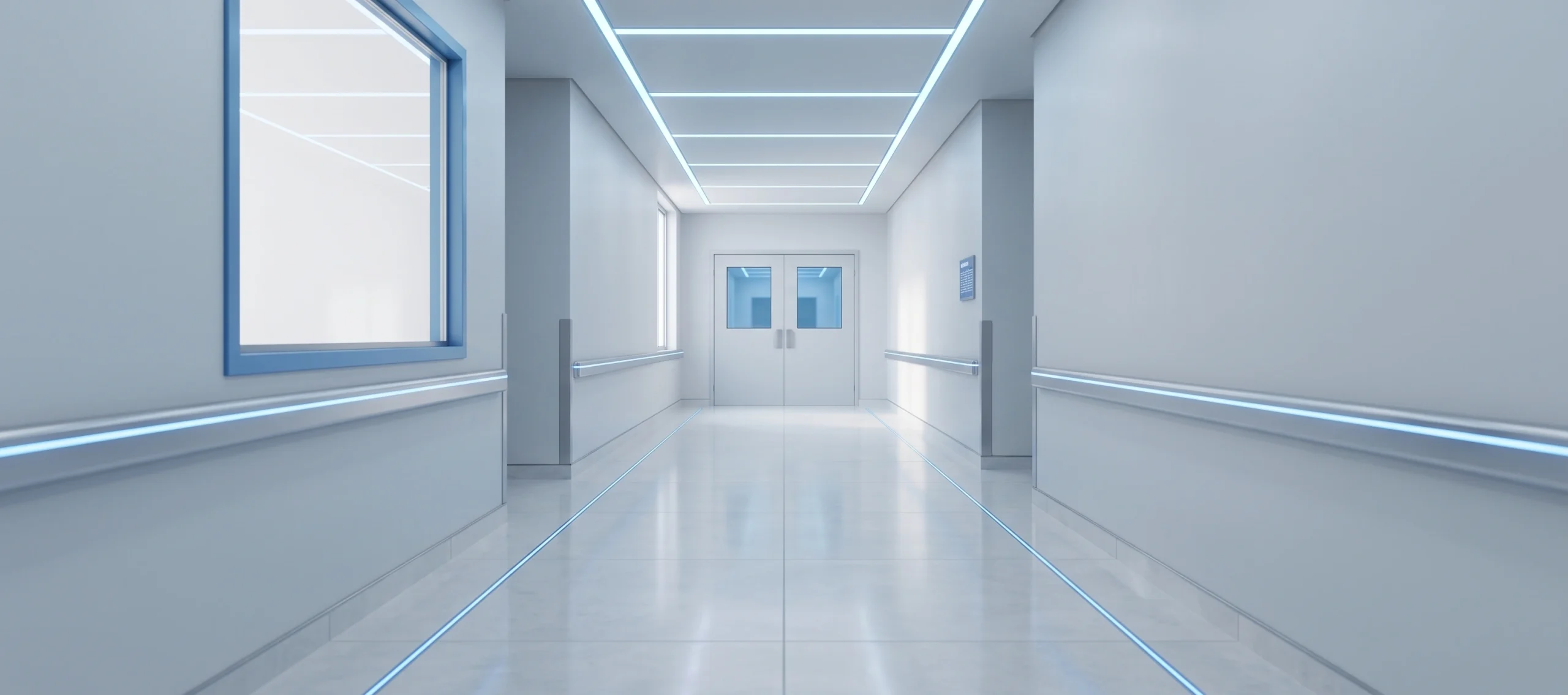 An empty, brightly lit hospital corridor leading to a set of double doors at the far end.