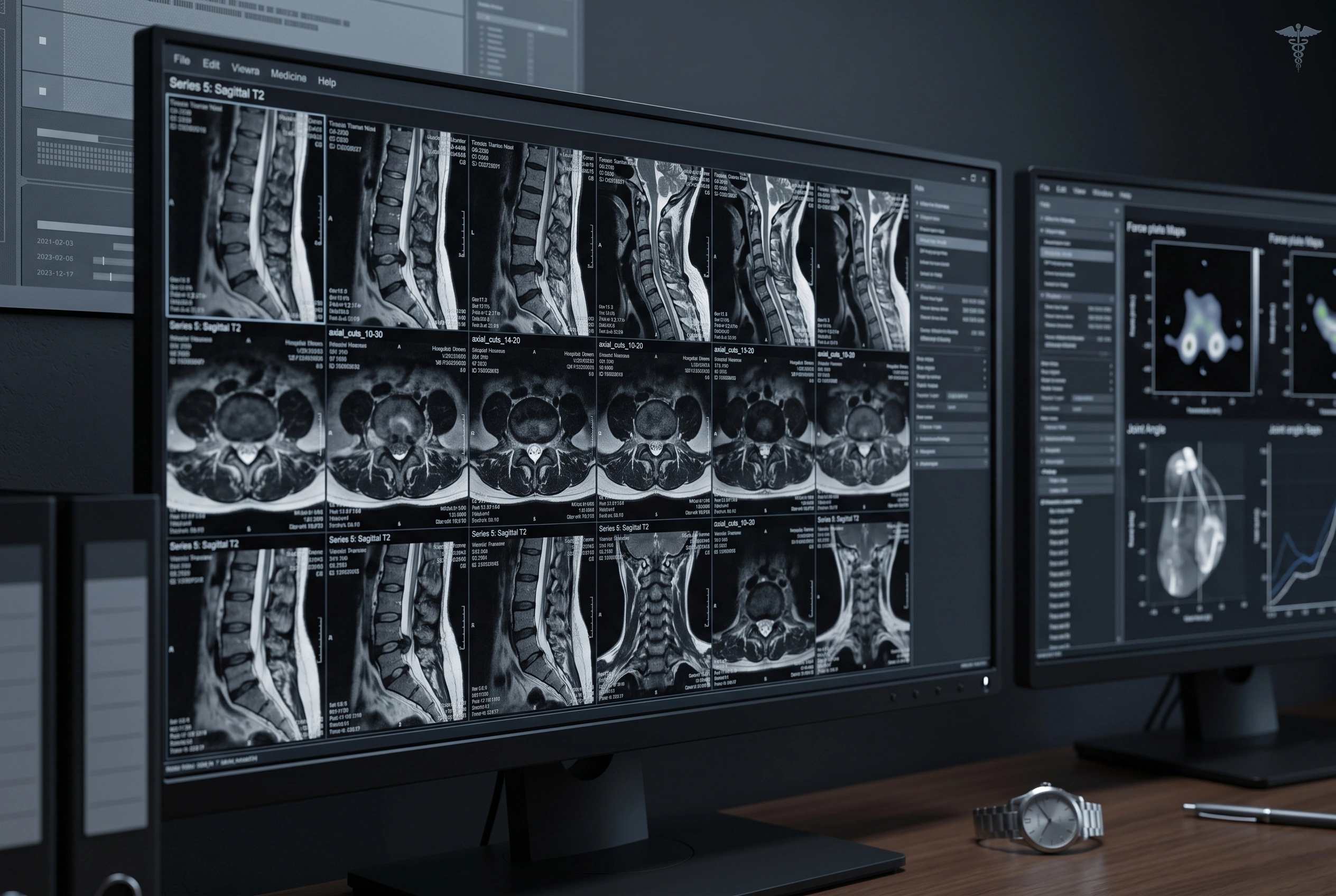 A series of lumbar and cervical spine MRI images displayed across a radiology review monitor, with a second screen of diagnostic charts beside it.