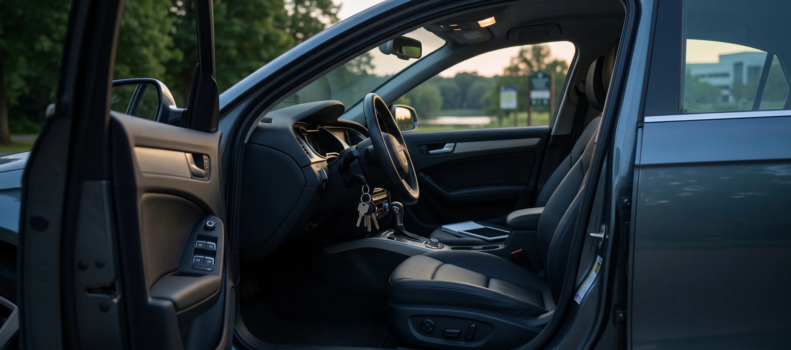 An empty driver's seat seen through an open car door at dusk, with the keys still hanging in the ignition and a quiet park beyond the window.