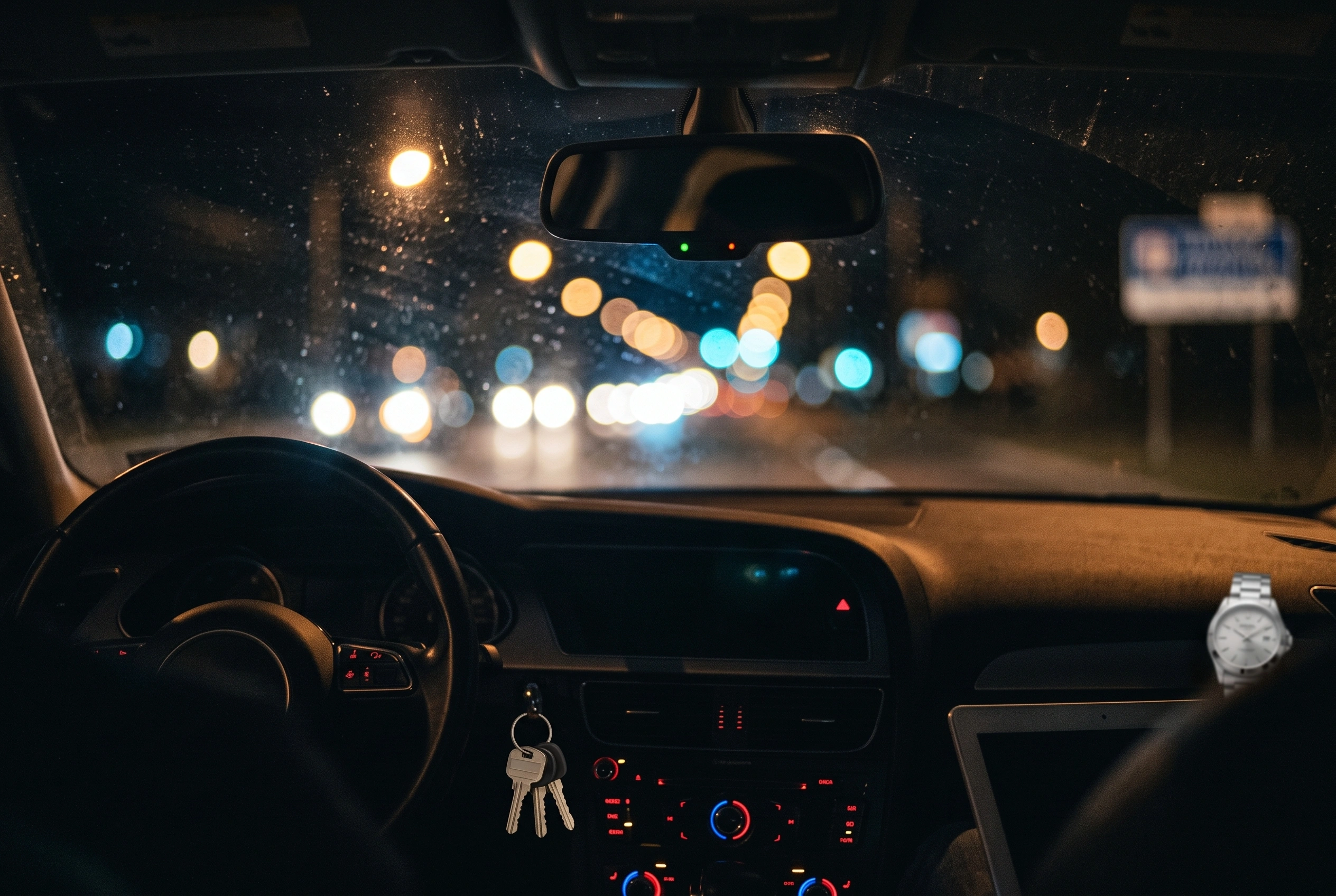 The view through a car windscreen at night, rain beaded on the glass and oncoming headlights blurred into soft points of light along the road ahead.